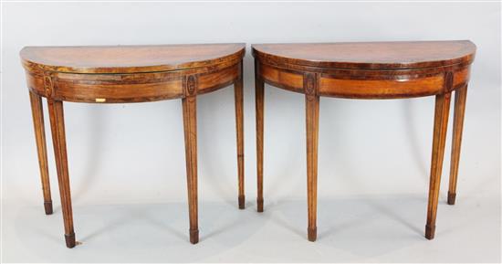A pair of Sheraton Revival crossbanded satinwood demi-lune card tables, W.3ft D.1ft 6in. H.2ft 5in.